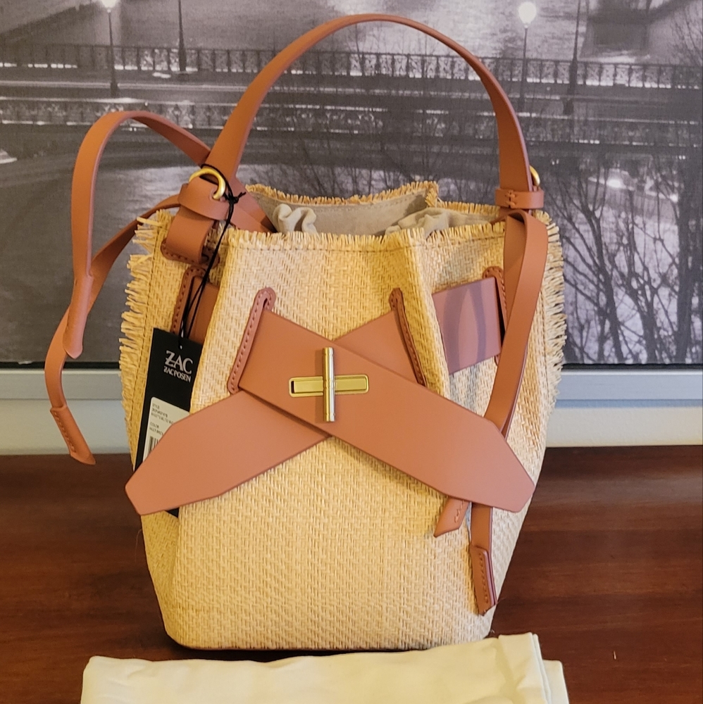 Zac Posen Brigette Belted Raffia Leather Bucket Bag